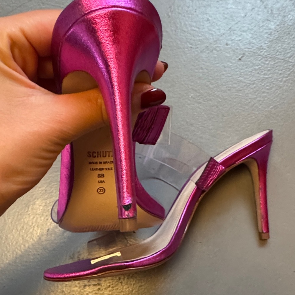 SCHUTZ Fuchsia Slide Mules with Clear PVC Strap - Picture 3 of 3